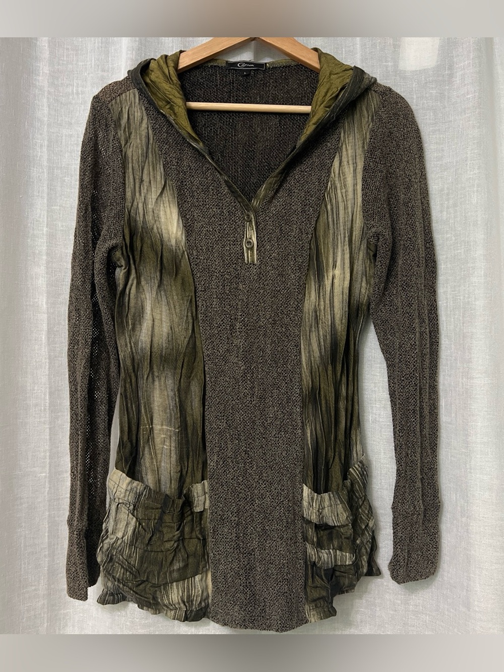 Cativa Olive and Brown Hooded V-Neck Pullover Sweater Shirt